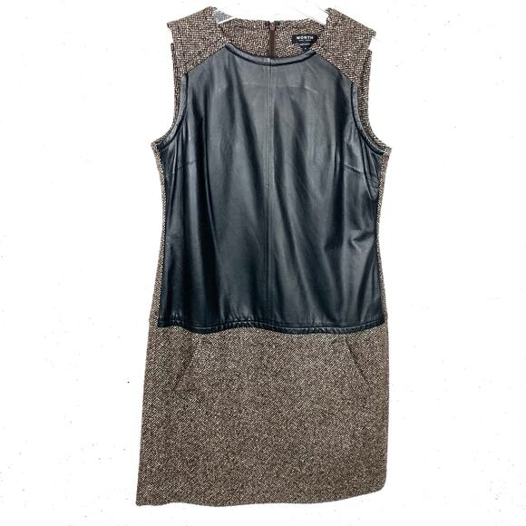 Worth New York Womens Tweed Shift Dress Brown Wool Blend & Black Leather Size 4 - Picture 1 of 10